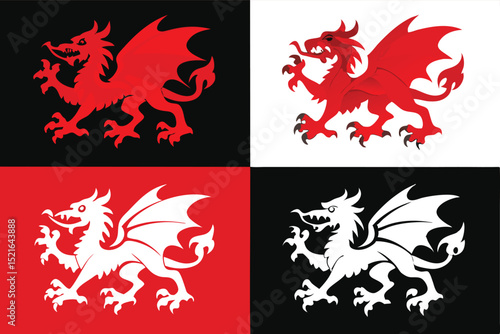 Four variations of the Welsh Dragon Y Ddraig Goch on contrasting backgrounds