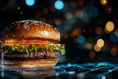 Delicious Burger on Display With Digital Enhancements in a Modern Restaurant ...