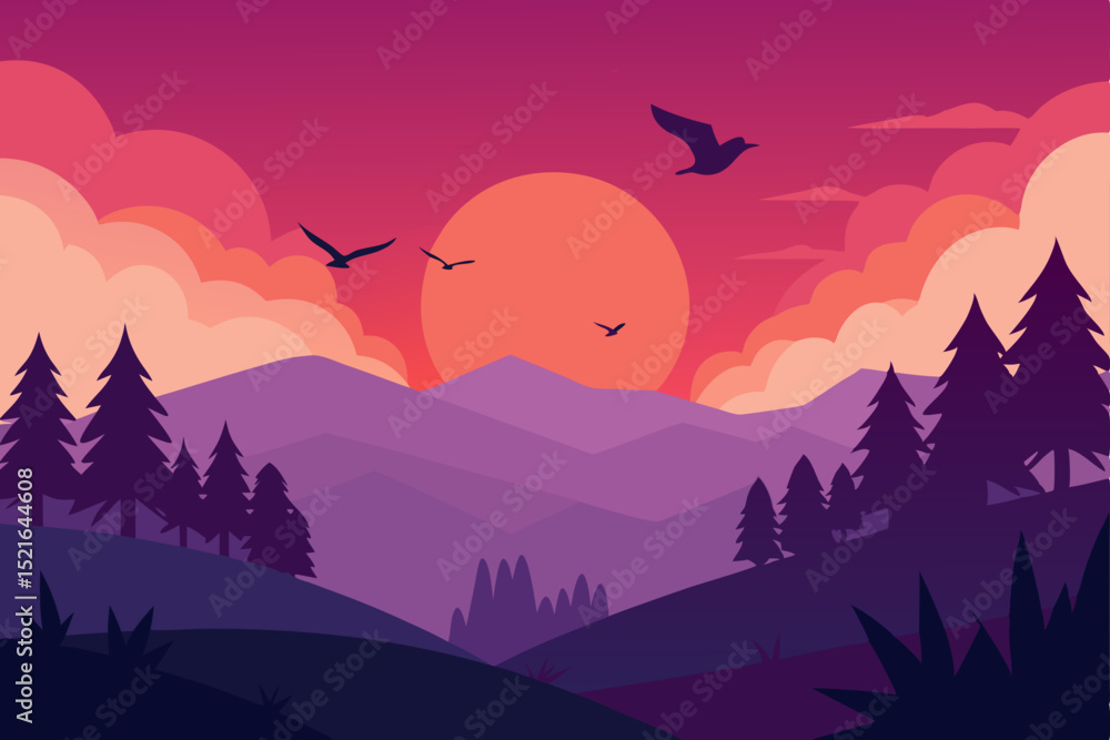 Vector illustration of a mountain sunset landscape with sky and clouds Vector illustration of a mountain sunset landscape with sky and clouds