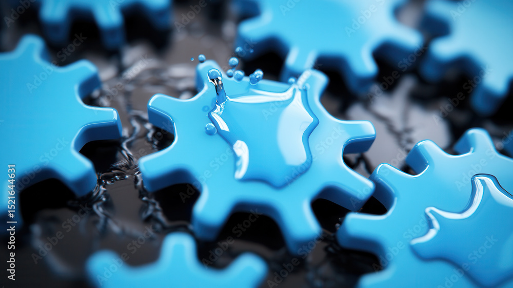 Obraz premium Close up of blue plastic gears with water droplets on their surface, creating shiny and reflective effect, symbolizing technology and machinery, with blurred background