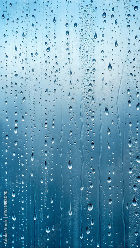 Close up of water droplets flowing down a glass surface during a rainy day
