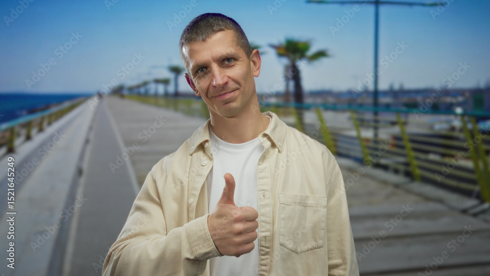 Fototapeta premium Smiling man gives thumbs-up on seaside promenade with ocean and palm trees in background, showcasing a relaxed outdoor lifestyle and positive expression.
