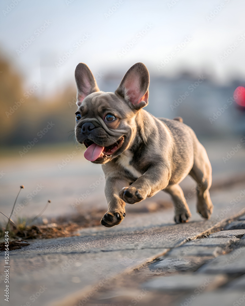 Fototapeta premium Playful French Bulldog Puppy Running Outdoors.