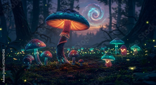 Glowing Mushrooms in Forest at Dusk with Fantasy Sky