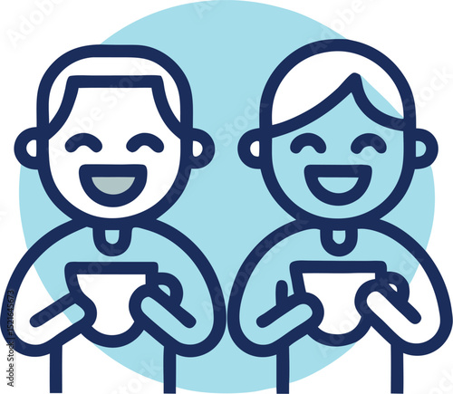 Cheerful companions sharing coffee cups in a flat minimalistic style on a light blue background celebrating happiness and friendship