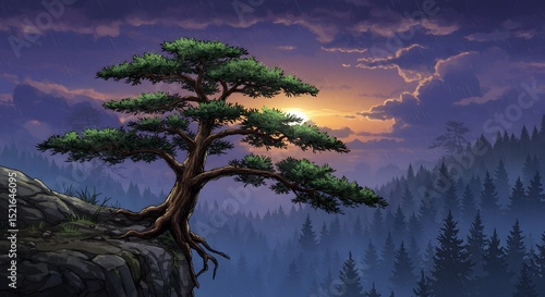 Tree on Rocky Cliff Overlooking Mountain Forest at Dusk