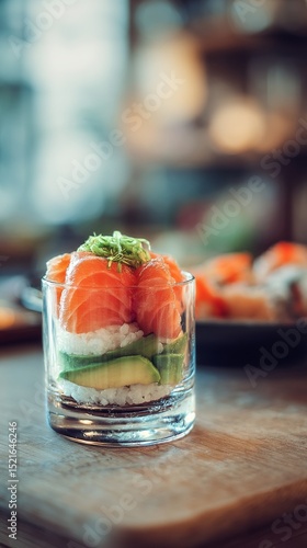 Gourmet Sushi Served in a Glass Bowl With Fresh Salmon and Cucumber at a Cozy...