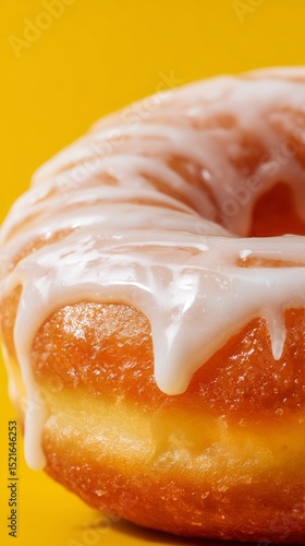 Sweet Glazed Donut With White Icing on a Vibrant Yellow Background