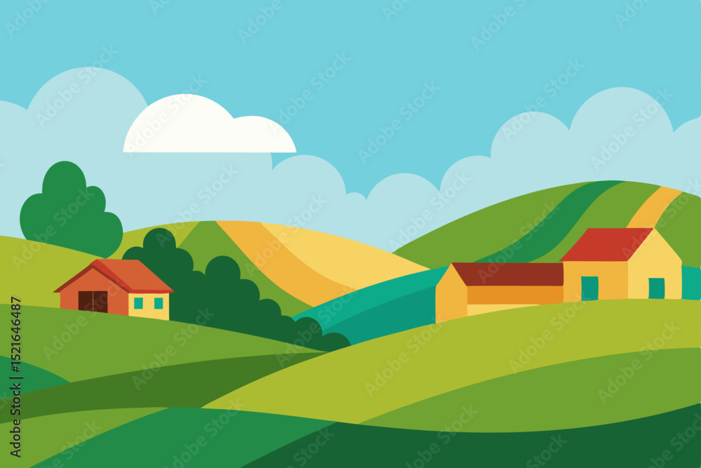 Rural landscape vector illustration of a village with houses, trees, and green fields under a summer sky Rural landscape vector illustration of a village with houses, trees, and green fields under a summer sky