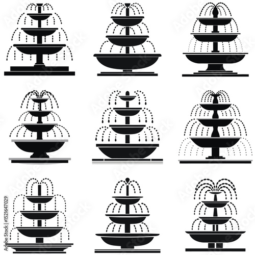 Black and white decorative fountain icon set, flat silhouette vector illustrations of water fountains for park, garden, and landscape design
