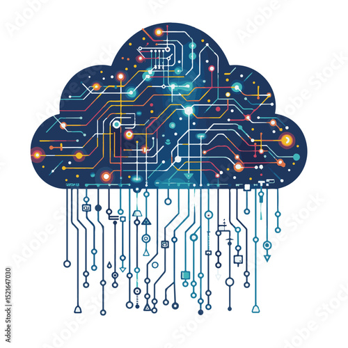 Digital cloud computing technology conceptual illustration with circuit board lines and data transmission
