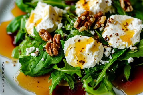 Delicious Salad With Goat Cheese, Walnuts, and Honey Dressing on a Sunny Dini...