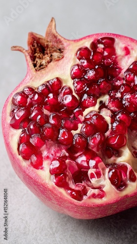 Freshly Cut Pomegranate Reveals Vibrant Seeds and Textures Perfect for Culina...