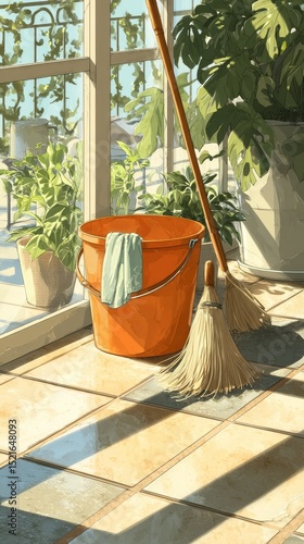Bright Sunlit Room With Cleaning Tools and Potted Plants During Morning Hours