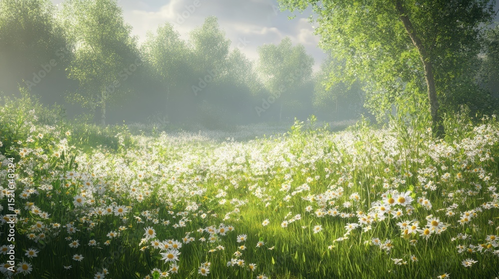 Fototapeta premium A cozy spring day in a meadow, featuring warm temperatures and the scent of wildflowers and fresh grass in the air