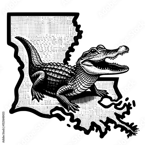 Alligator and Louisiana Outline, vector, illustration, art, drawing, grunge, sketch, sport, silhouette, design, vintage, music, woman, symbol, cartoon, hand, people, pattern