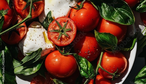 Fresh Tomatoes and Basil With Creamy Mozzarella in a Vibrant Still Life Arran...