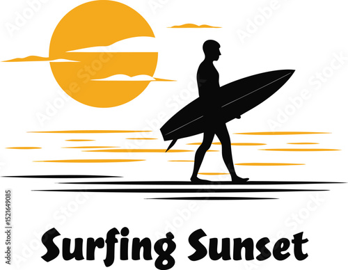 Silhouette of a surfer walking towards the ocean at sunset with an orange sun in the background ideal for summer sports and travel designs