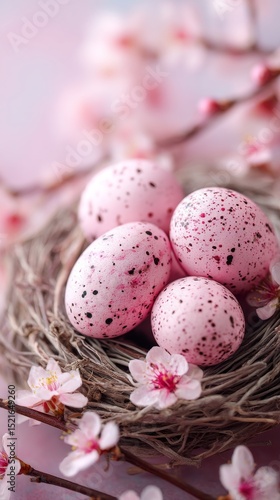 Beautiful Pastel Eggs Nestled in a Spring Nest Surrounded by Cherry Blossoms.