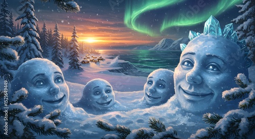 Snowy Face Figures in Winter Landscape with Aurora and Sunset