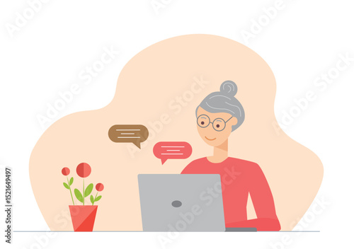 Grandmother with laptop. Grandmother communicates on social networks and instant messengers