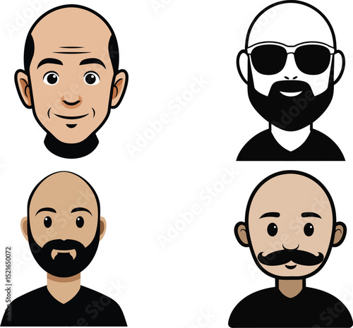 Set of Bald men with different beard styles. vectors illustration 