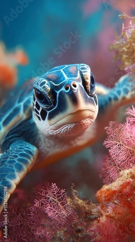 Colorful Underwater Scene Features a Turtle Swimming Near Vibrant Corals in a...