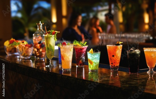 Colorful Cocktails Line the Bar at a Vibrant Tropical Resort During an Evenin...