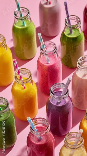 Colorful Smoothies Lined up in Glass Bottles With Striped Straws Against a Pi...