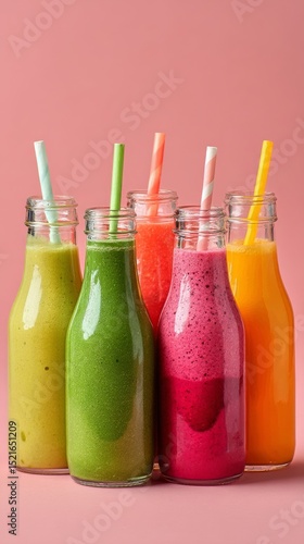 Colorful Smoothie Bottles Lined up Against a Pink Backdrop With Fresh Fruits ...