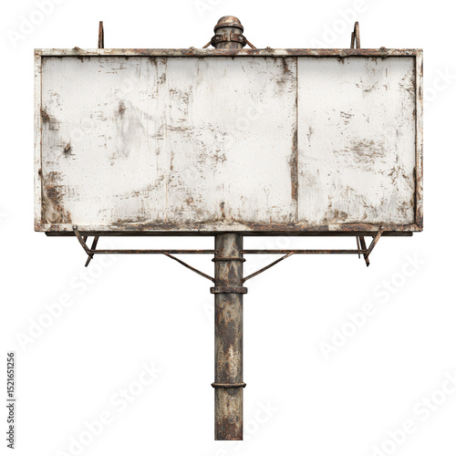 A weathered billboard with a blank white surface and a rusted metal frame against a white background