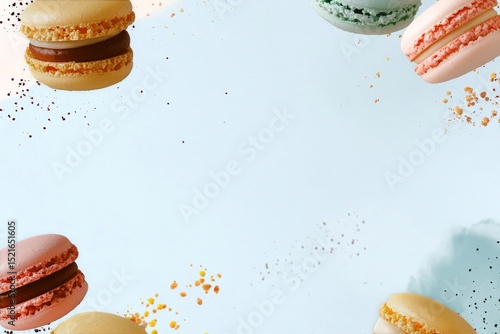 Colorful Macarons Arranged on a Light Blue Background With Decorative Sprinkles