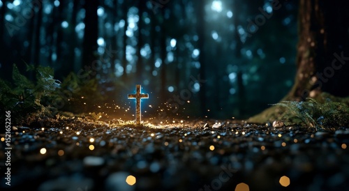 Glowing Cross in a Tranquil Forest at Twilight With Soft Light Illuminating t...