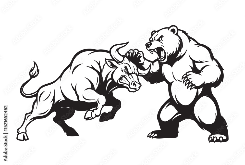 Obraz premium Bold black and white vector of a fierce bull and bear locked in battle, symbolizing market rivalry. Perfect for finance, trading, or stock design themes. Wildlife Animals.
