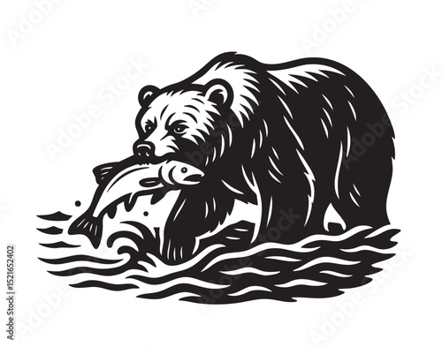 Black and white vector illustration of a bear holding a salmon in its mouth while standing in a river. Ideal for prints, logos, or wildlife designs. Animal.