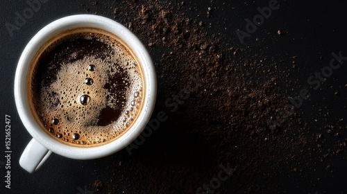 Coffee Cup Filled With Rich Brew Next to Fresh Ground Coffee on a Dark Surface