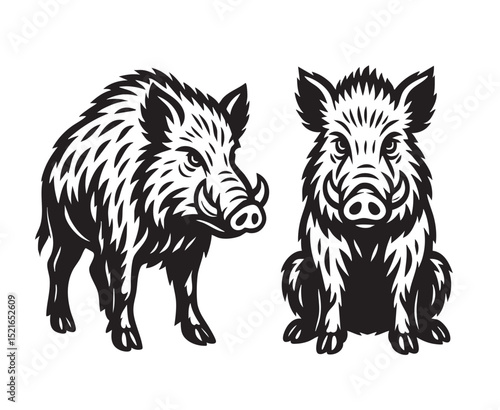 Two wild boars in bold black and white vector style—one standing and one sitting. Ideal for prints, logos, mascot illustrations, or tattoo designs. Wildlife Animals.