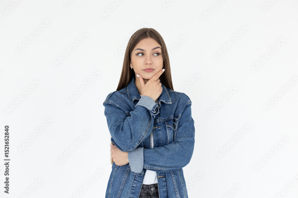 Closeup photo of amazing lady looking up empty space deep thinking creative person arm on chin wear casual jeans coat isolated white color background Closeup photo of amazing lady looking up empty space deep thinking creative person arm on chin wear casual jeans coat isolated white color background
