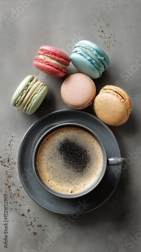 Enjoying Coffee With Colorful Macarons on a Textured Surface During Afternoon...