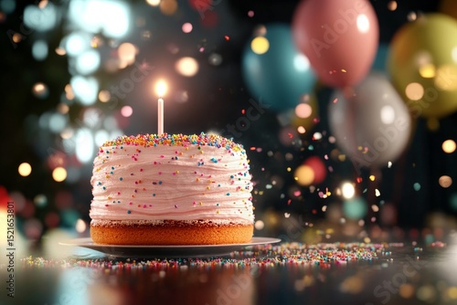 Colorful Birthday Cake With Candle Surrounded by Balloons and Confetti in Fes...