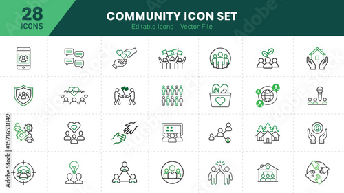  Community icon set. Containing people, friendship, social, diversity, village, relationships, support and community development icons. Solid icon collection.
