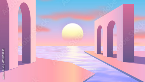 Vaporwave surreal landscape with pink arches and sunset over calm sea water in pastel tones