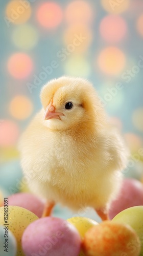 Cute Chick Surrounded by Colorful Eggs in a Spring Setting.