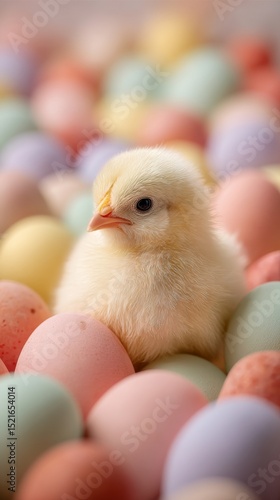 Newborn Chick Surrounded by Colorful Eggs During Spring Celebration.
