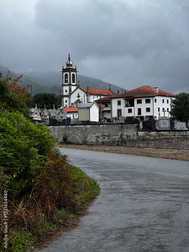 church on a cloudy day surrounded by mountains in portugal on the camino de Santiago, the road to santiago, christian pilgrimage church on a cloudy day surrounded by mountains in portugal on the camino de Santiago, the road to santiago, christian pilgrimage