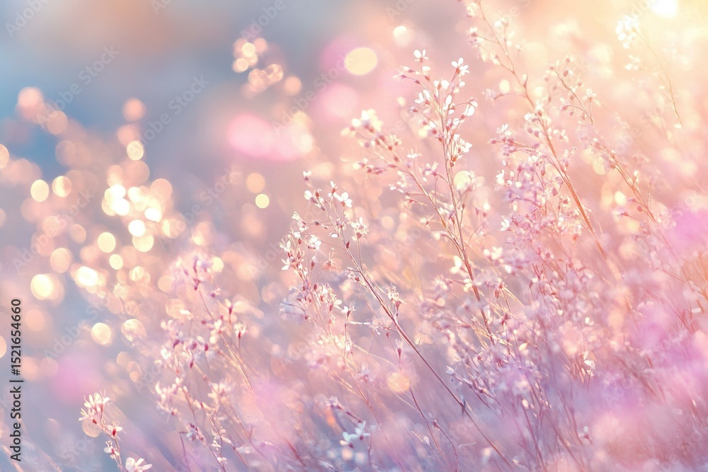Dream fantasy soft focus sunset field landscape of white flowers and grass meadow warm golden hour sunset sunrise time Dream fantasy soft focus sunset field landscape of white flowers and grass meadow warm golden hour sunset sunrise time