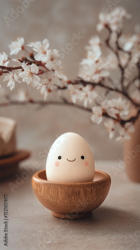 Cute Egg With a Smile Placed in a Wooden Bowl Surrounded by Cherry Blossoms.