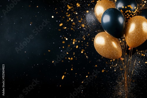 Festive Black and Gold Balloons With Confetti for a Celebration Event.