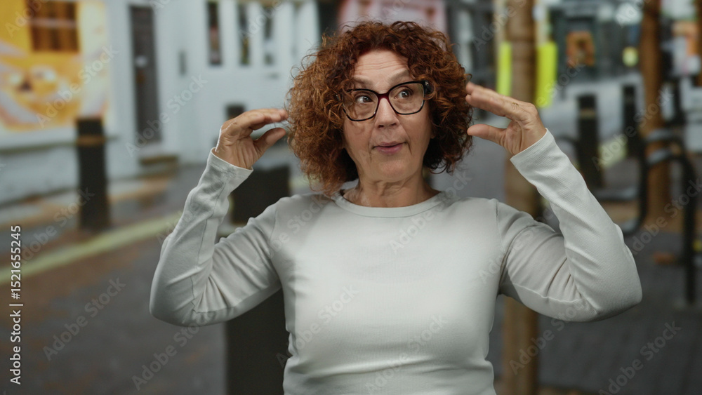 Fototapeta premium Middle-aged hispanic woman with curly hair makes a playful facial expression outdoors in a city street setting wearing glasses and a white shirt.