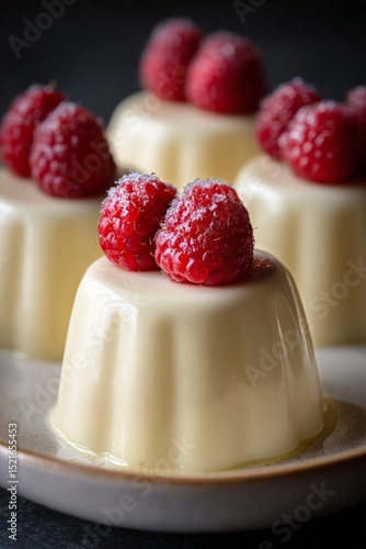 Delicious Creamy Dessert With Fresh Raspberries on Top Served at a Rustic Table